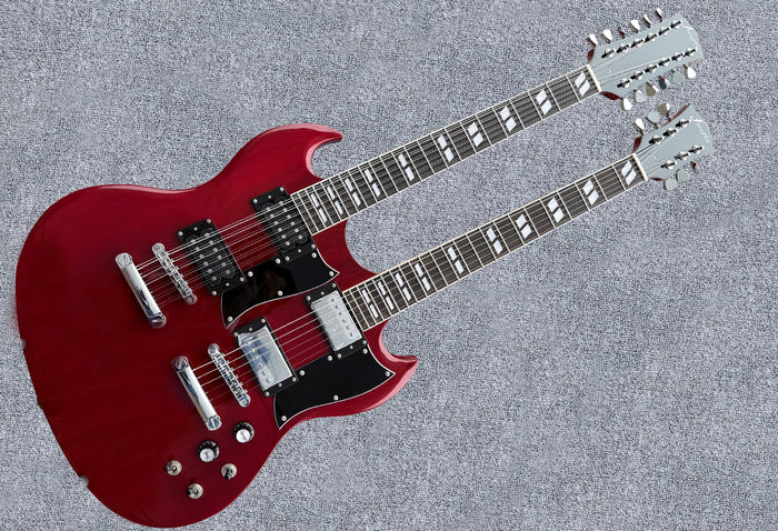 Firefly Double Necks 12 Strings +6 Strings FFLGS Electric Guitar With a Hardcase (Transparent Red Color)